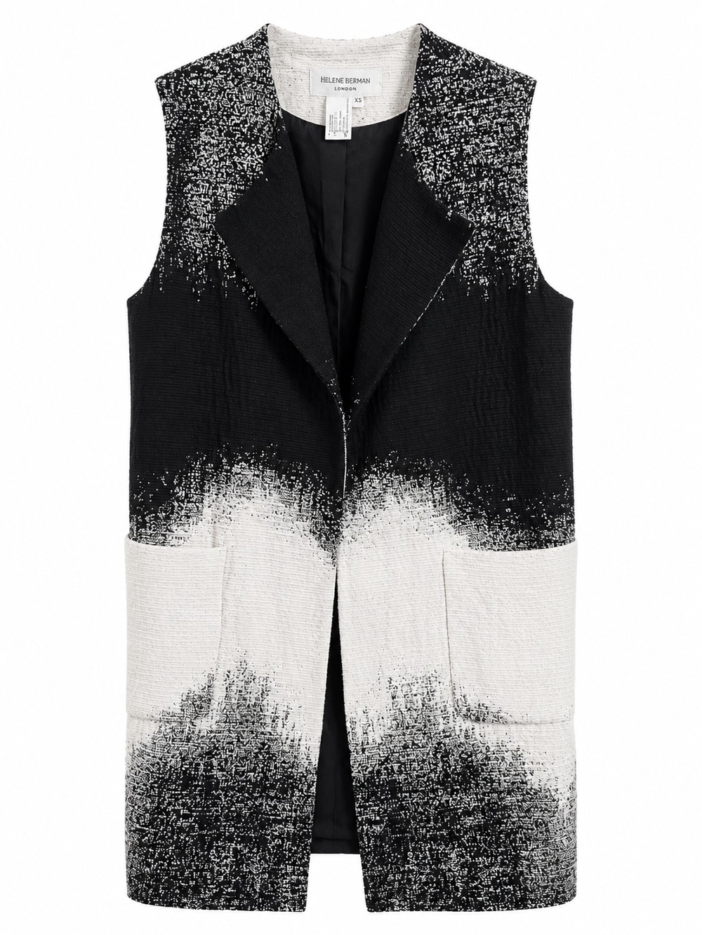 Helene Berman Black White Longline Textured Sleeveless Open Coat Jacket XS